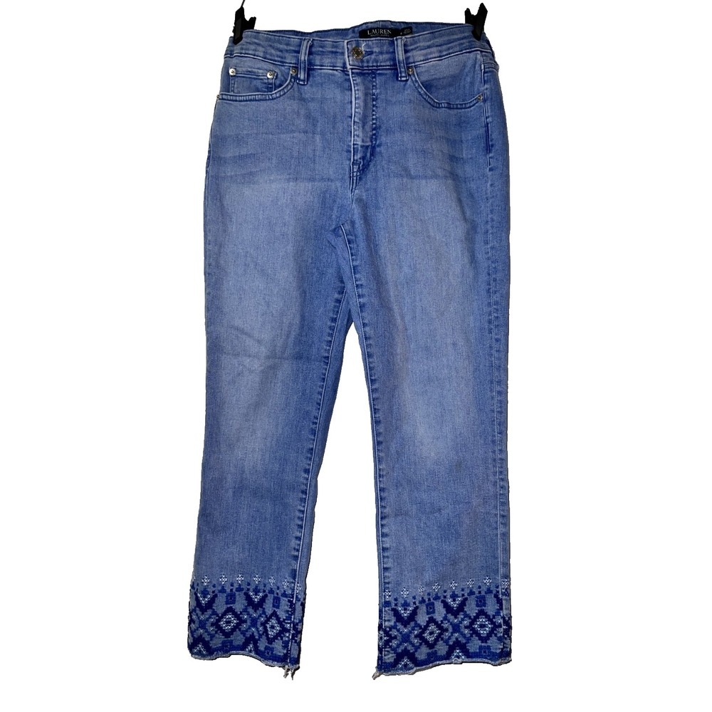 Lauren Ralph Lauren Womens Size 6 Blue Embroidered Raw Hem Cropped Jeans Boho